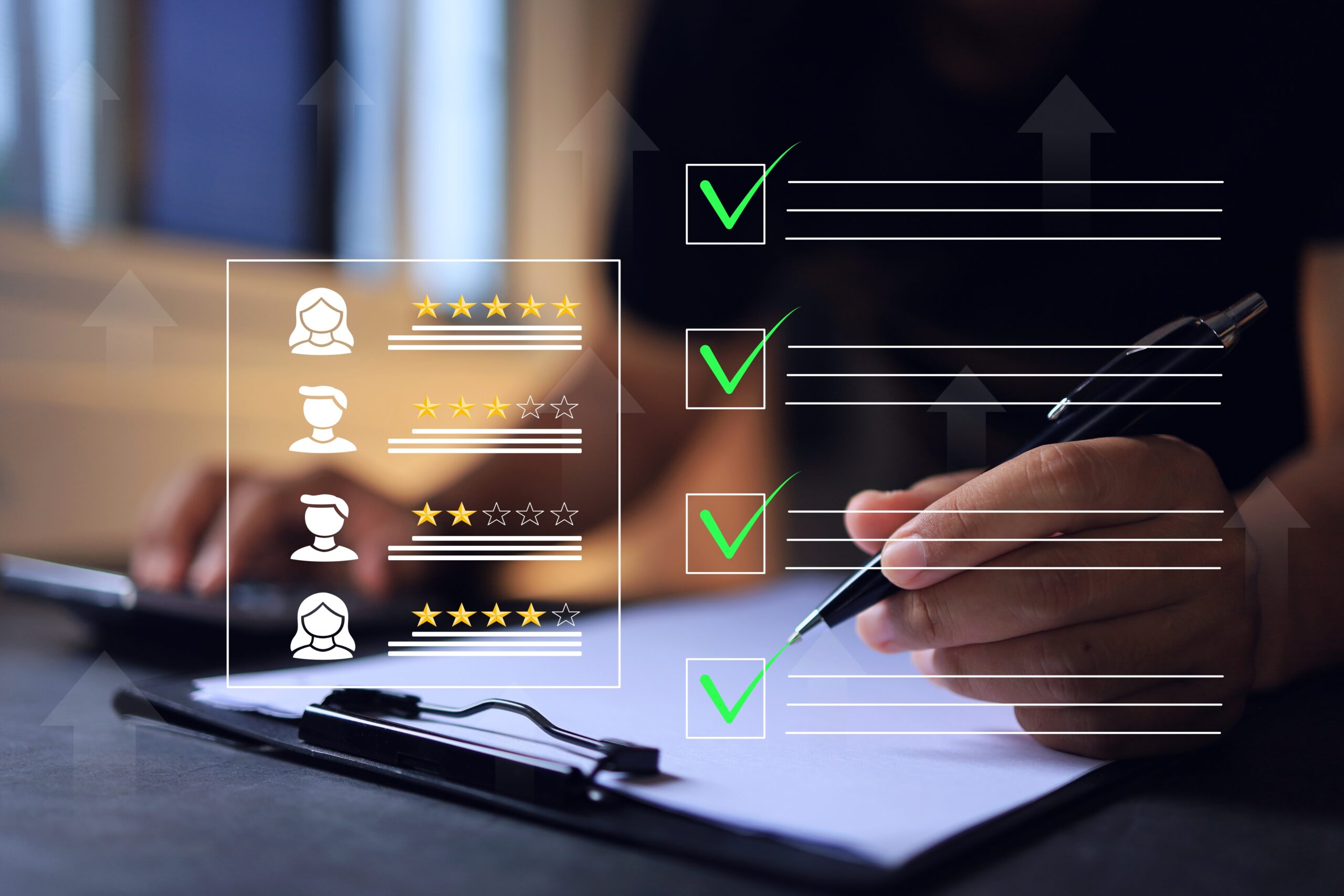 A,Businessman,Write,Green,Check,Mark,To,Online,Evaluating,A