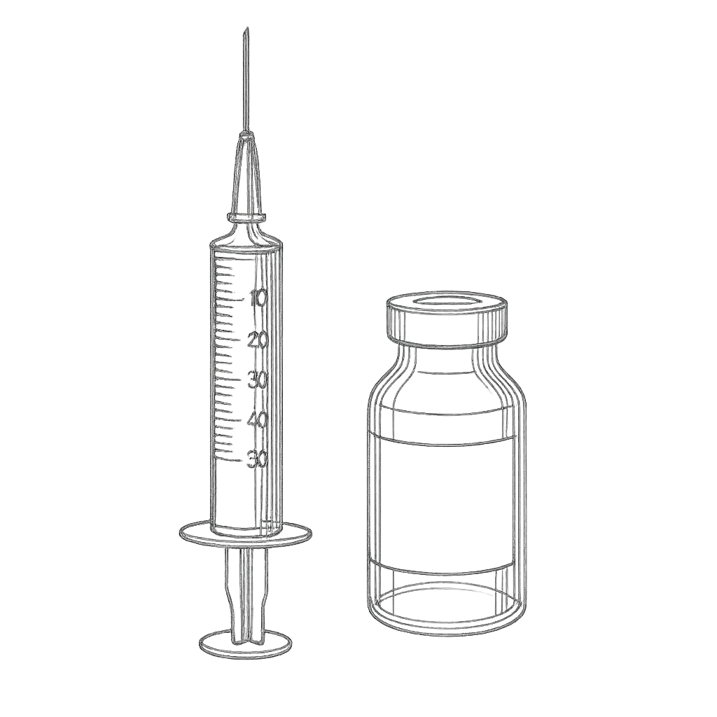 A blueprint of a syringe with a vial of chemicals