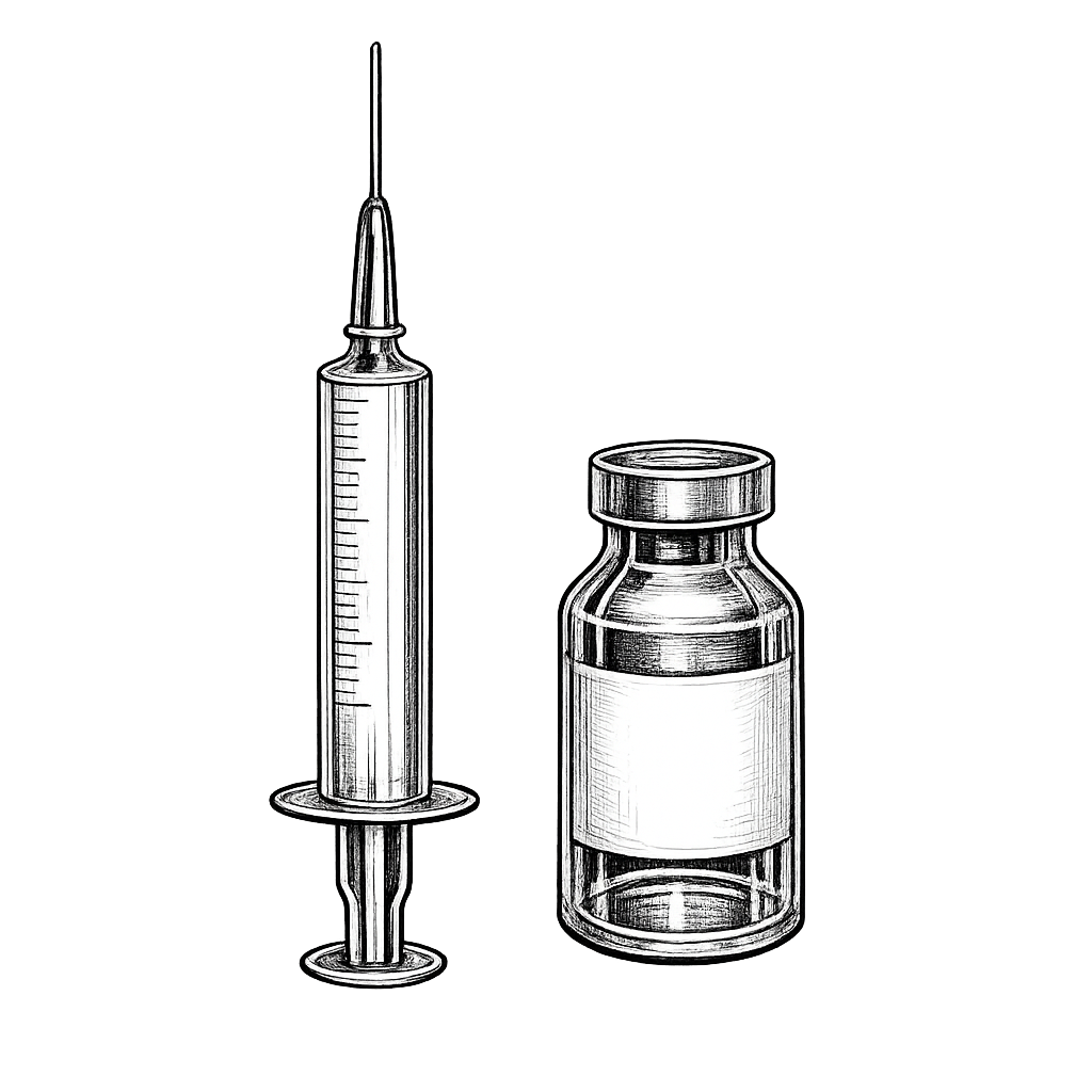 A line-drawing style image of a syringe and vial