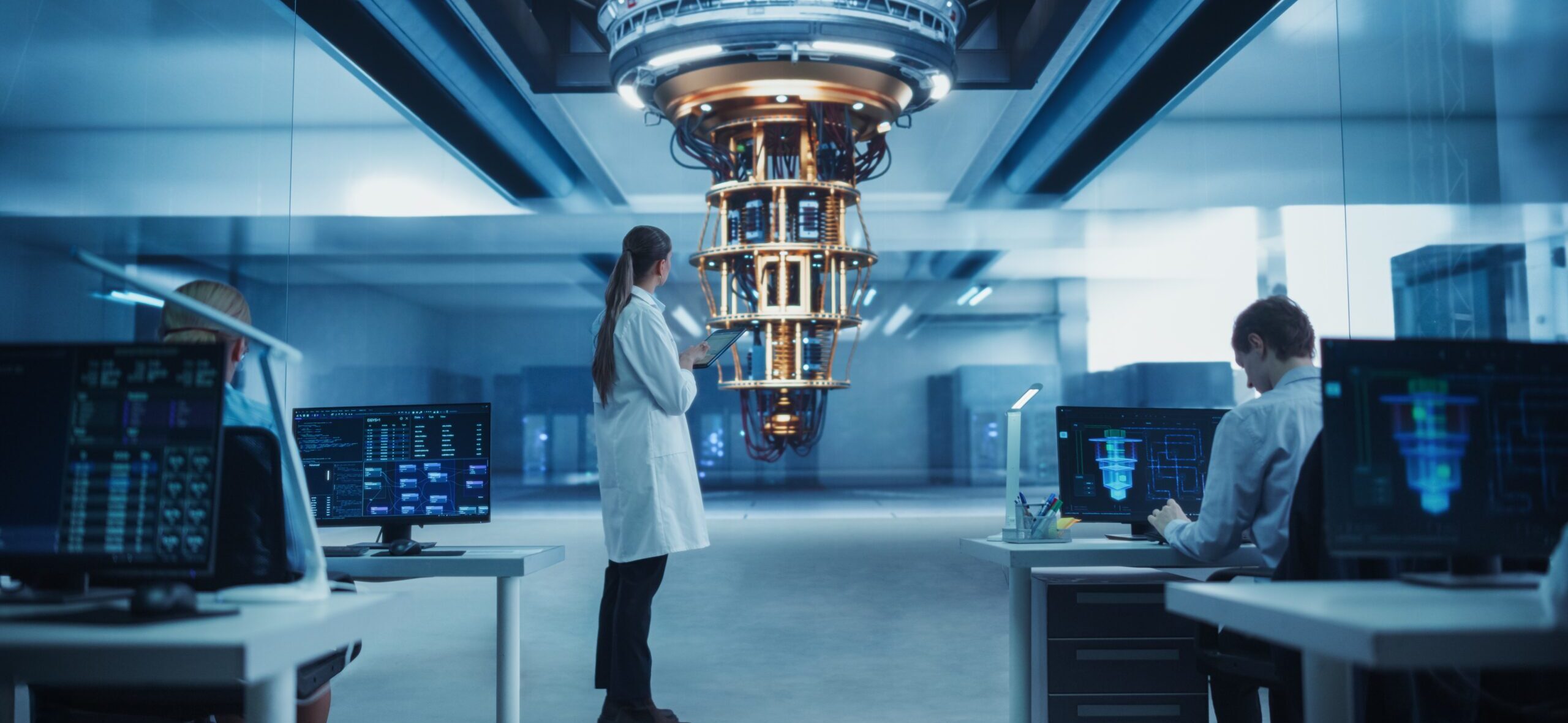 Female,Computer,Engineer,Examining,A,Quantum,Computer,In,A,High