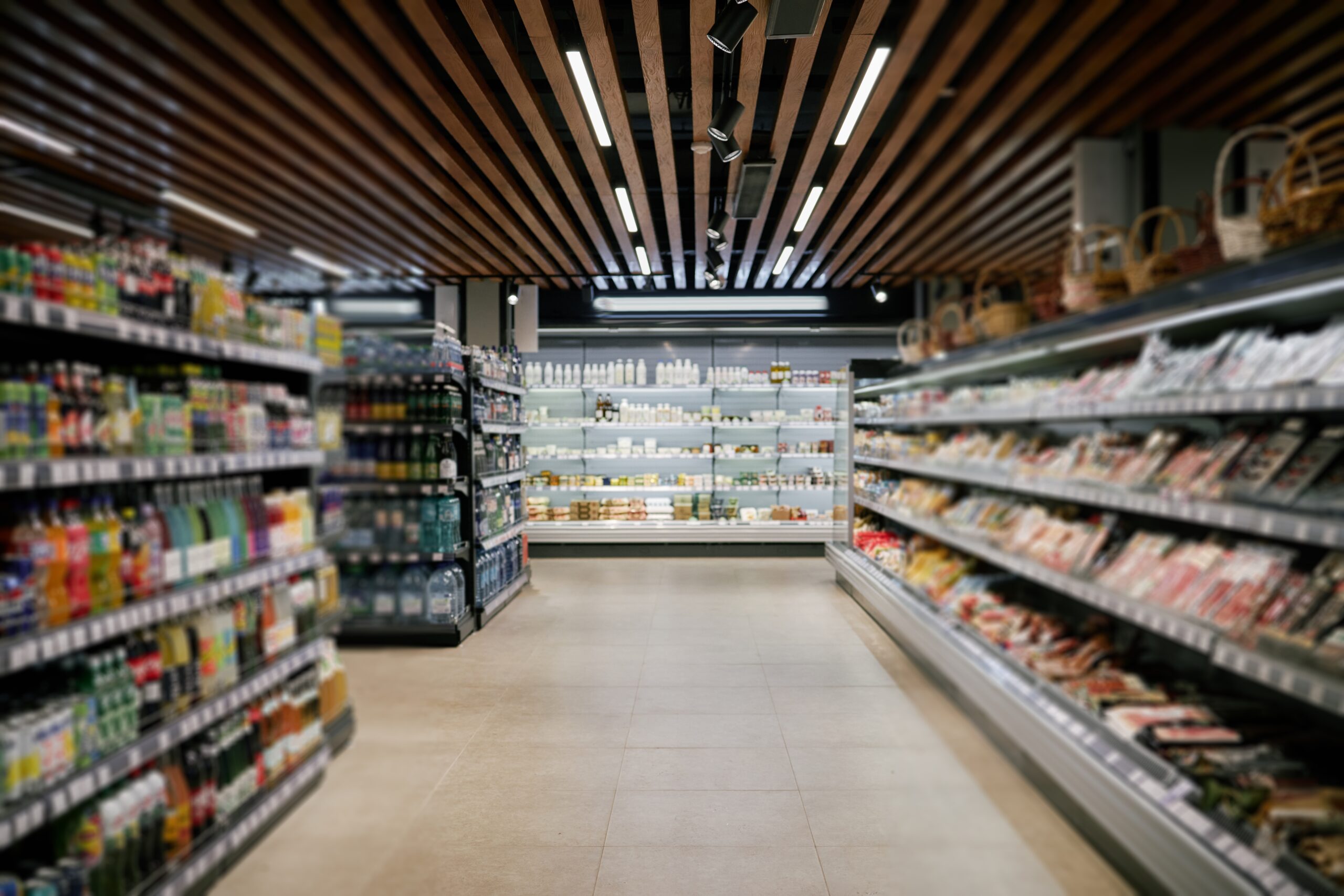 Supermarket,Aisle,With,Various,Products,Displayed,On,Well-organized,Shelves,,Creating