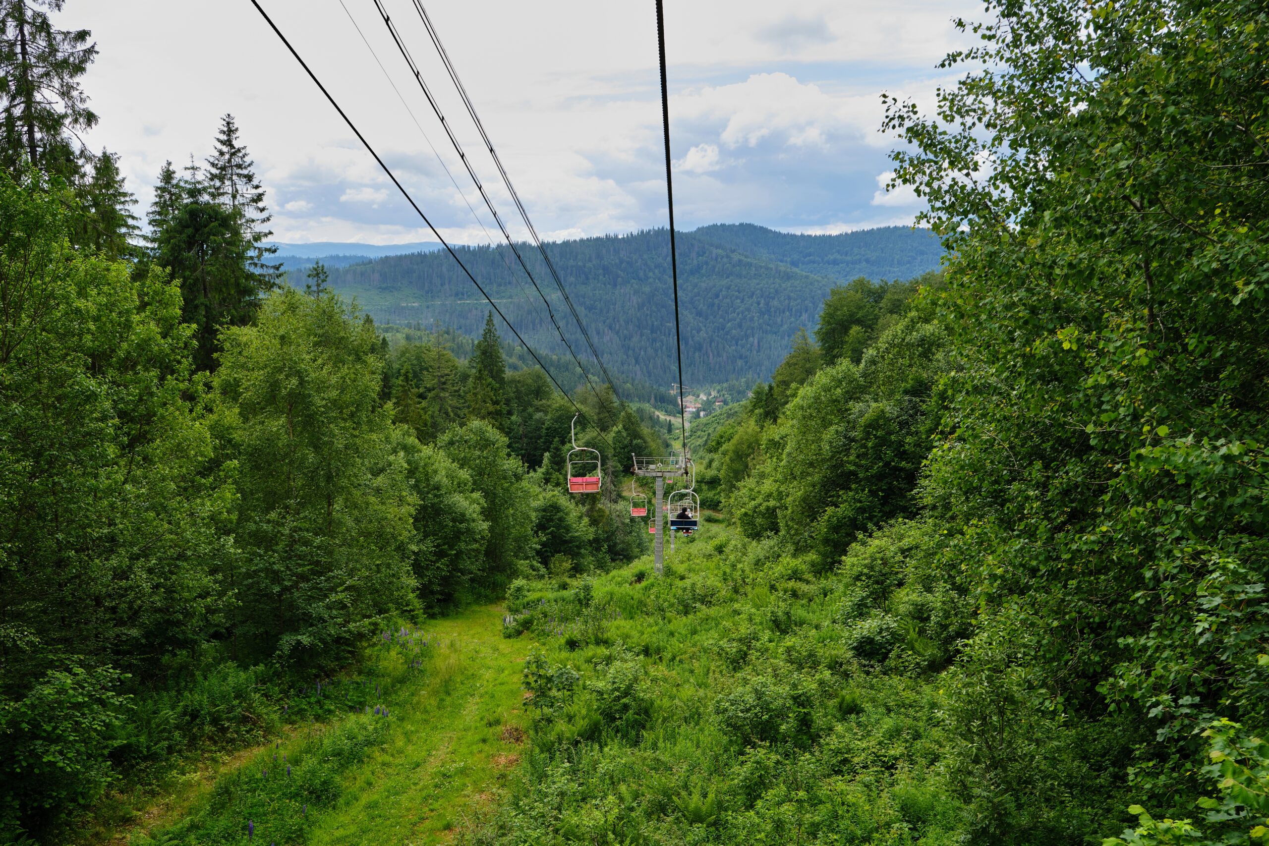 Perspective,View,Of,A,Ski,Lift,Cable,And,Chairs,Moving